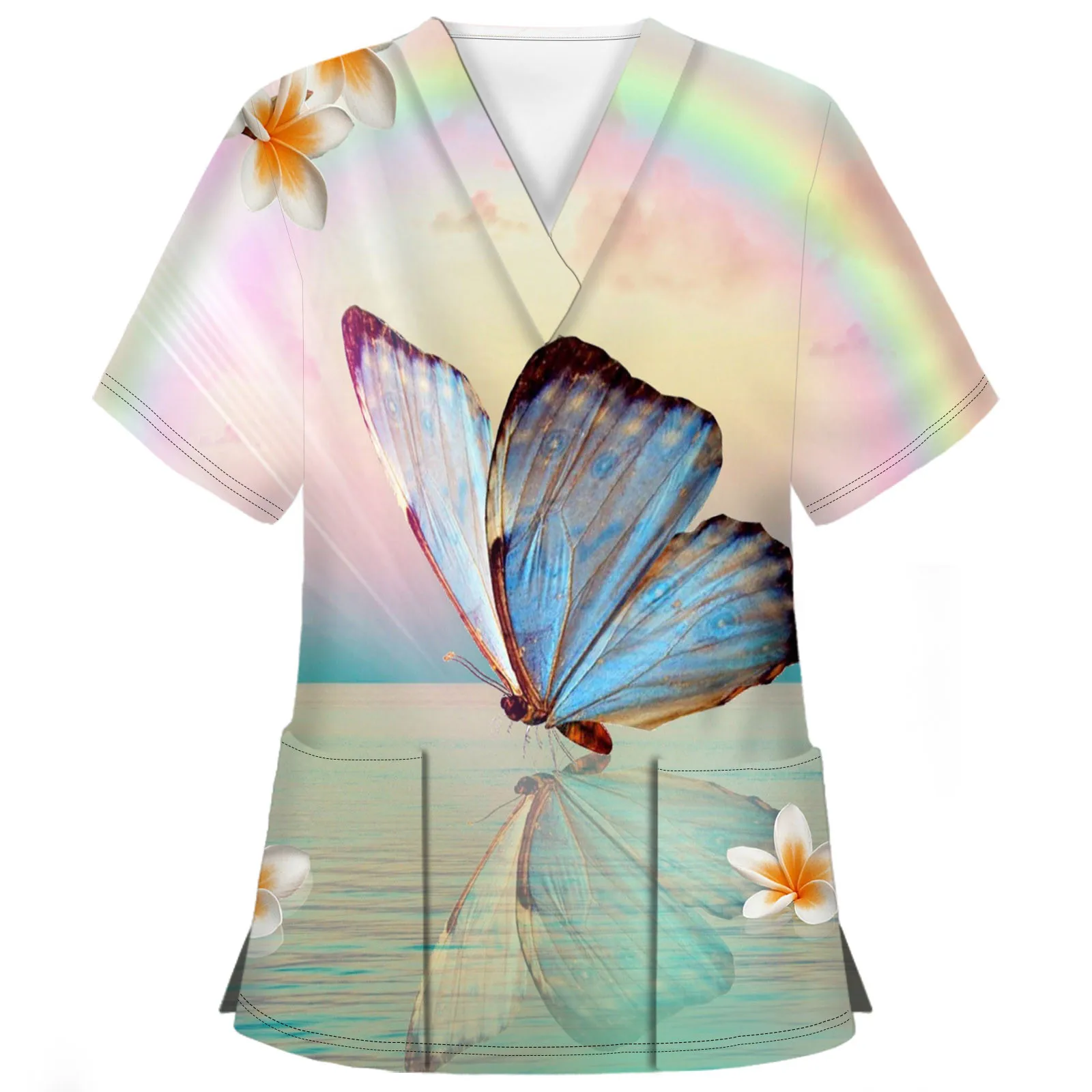 

Uniforme Enfermera Women Nurse Overalls Short Sleeve Butterfly Printed V-Neck Double Pockets Nurses Tops q5